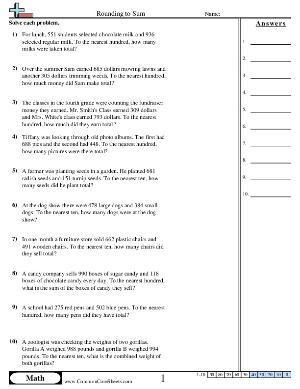 Addition Worksheets - Finding Sums with Rounding worksheet
